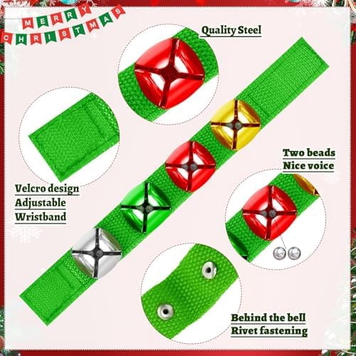 Christmas Wrist Bells Bracelets, 24Pcs Wrist Band Jingle Bells with Red Green Gold Silver Bells, Musical Instruments Adjustable Hand Ankle Bells for Christmas Gifts Kids Party Favor Toys