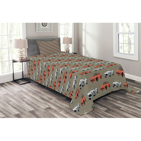 Ambesonne Cars Quilted Bedspread Set 2 Pcs, Vintage Sports Vehicle, Twin Size, Tan Orange
