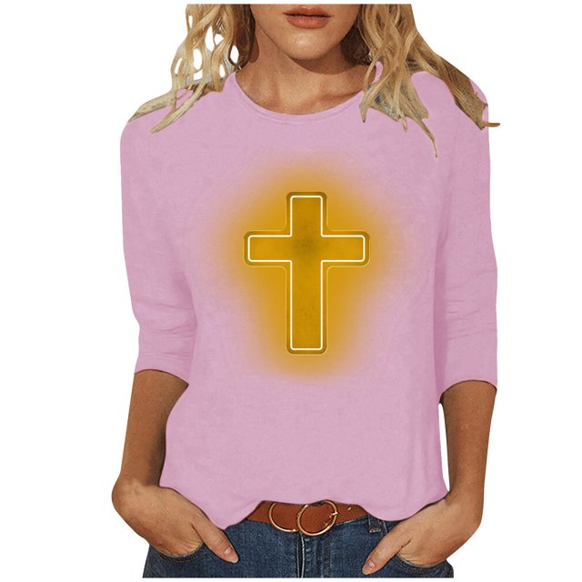 RKSTN Hauts pour Femmes Mode Décontractée Imprimé Crucifix Col Rond Manches 3/4 T-Shirt Couleur Unie Ajusté Blouse Printemps Été
