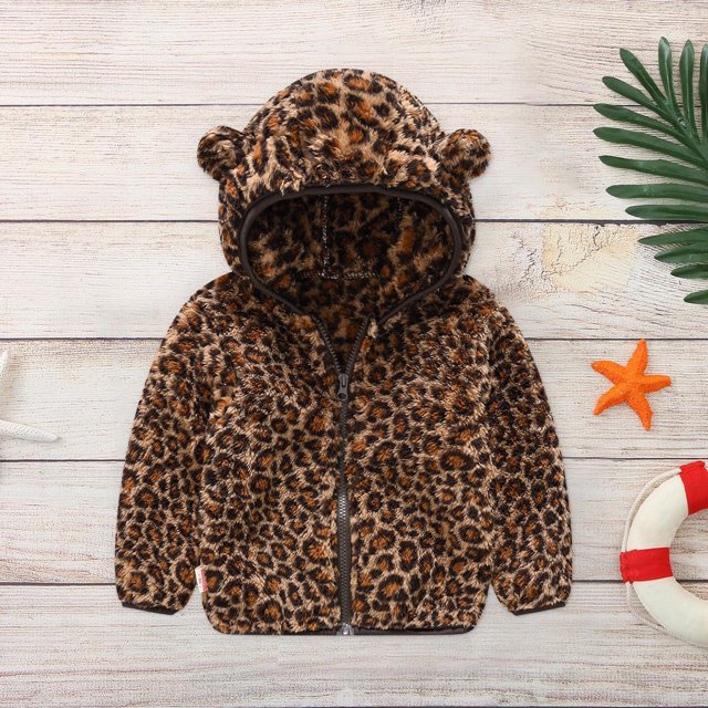 Chaqueta gruesa con capucha de invierno con orejas de oso de peluche con degradado y estampado de leopardo para bebés y niños pequeños