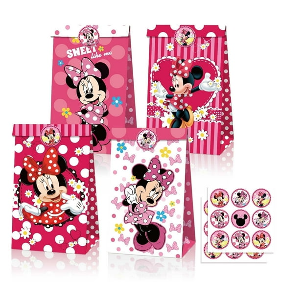 12 Pack Minnie Party Favor Bags Paper Goodie Bags - Treat Candy Bag for Kids' Theme Party, Boys Girls Birthday Party Supplies Gift Bags with Stickers for Party Decorations