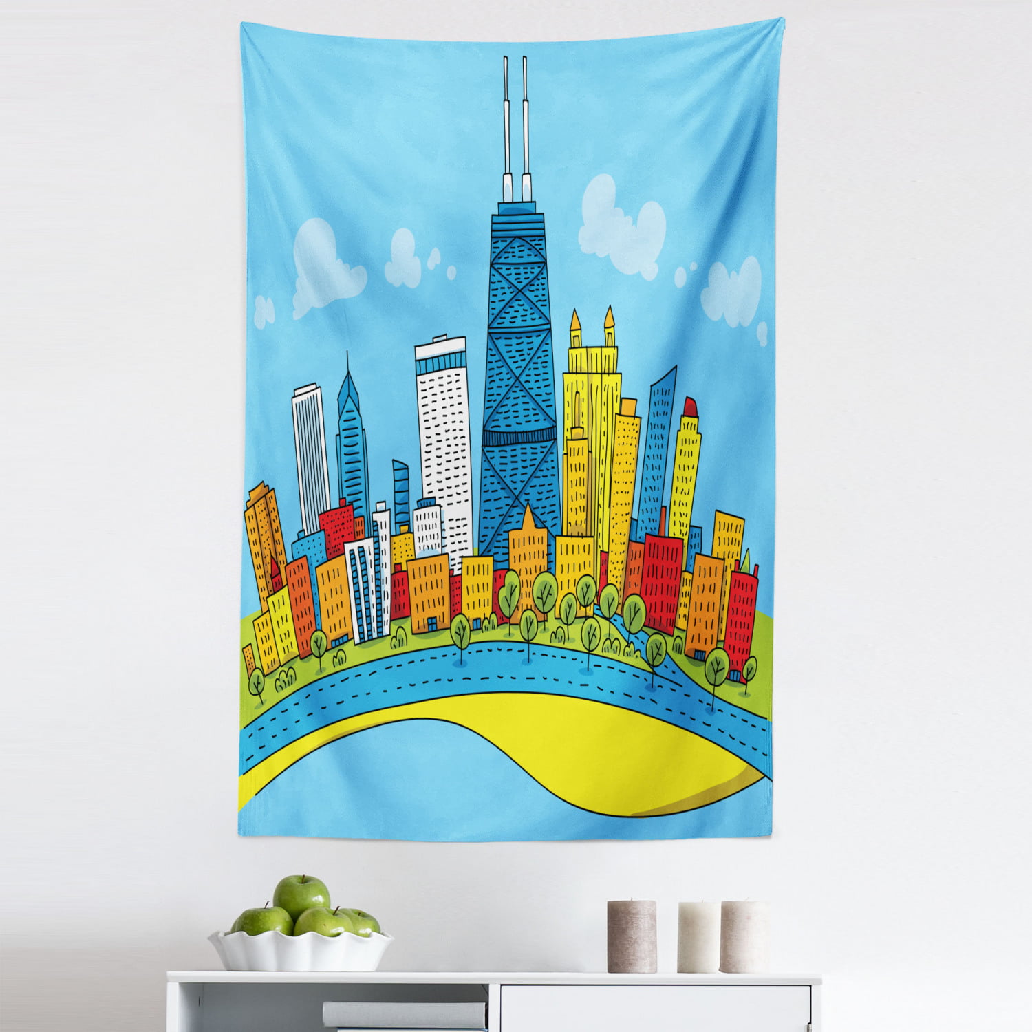 Chicago Skyline Tapestry, Cartoon Style City View with Colorful Buildings  Caricature, Fabric Wall Hanging Decor for Bedroom Living Room Dorm, 5  Sizes, Multicolor, by Ambesonne 