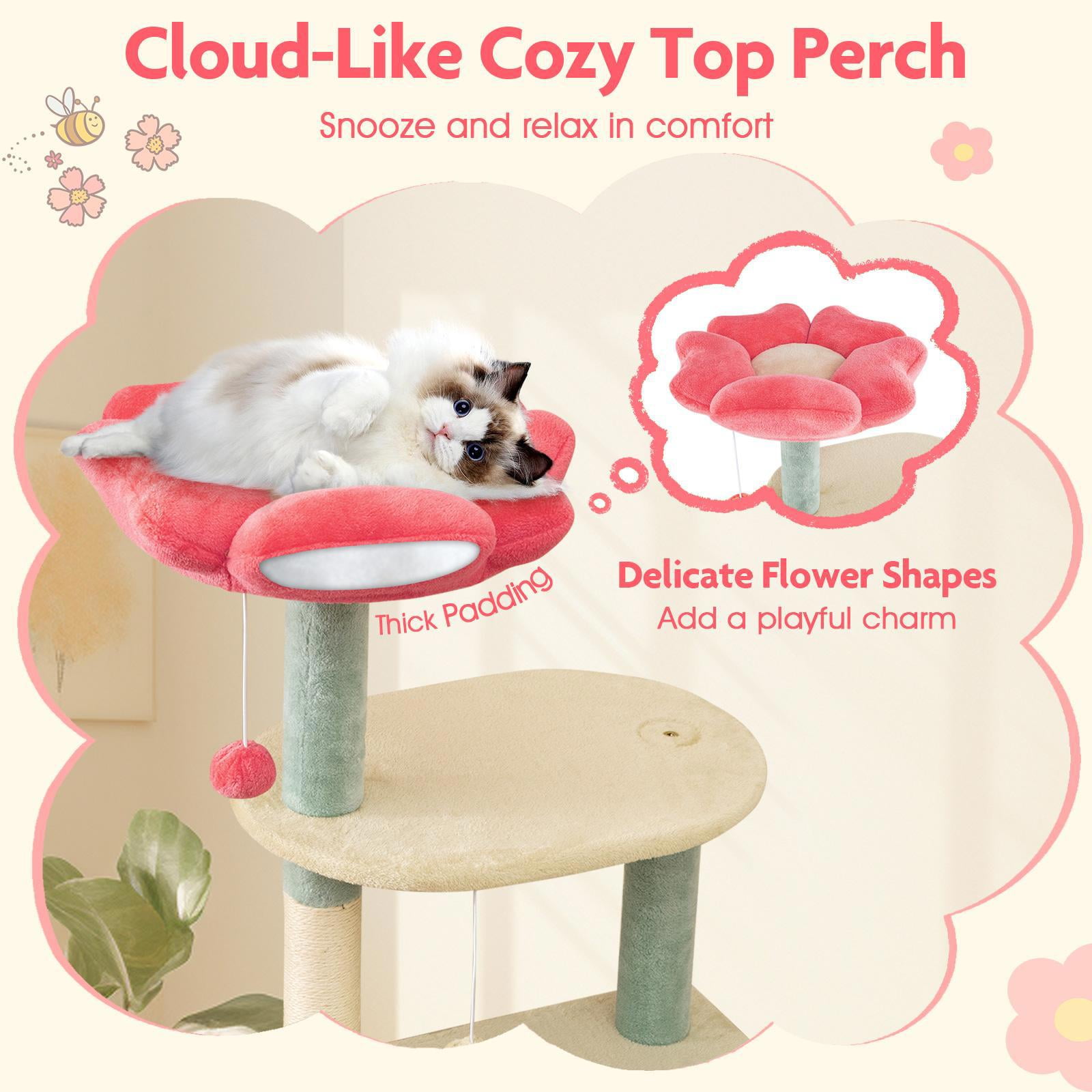 Barara King 61 Inch Tall Multi-Level Aesthetic Floral Cat Tower, Cat Tree with Flower-Shaped Plush Padded Perch, Modern Cat Tower Tree for Indoor Cats, Multicolor