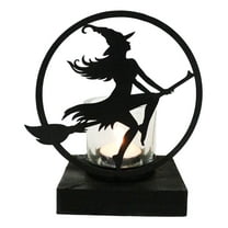 Wicca Grand High Witch Riding On Broomstick Coated Metal Votive Candle Holder