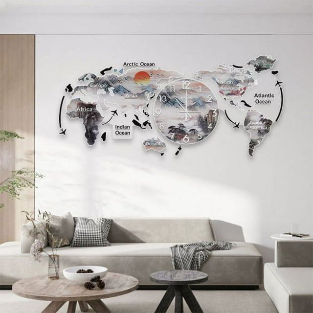 World Map Wall Clocks Modern Design 3D Digital Hanging Clock Ultra Quiet Acrylic Wall Watch - Rising Sun