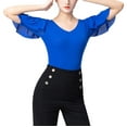 thumbnail image 2 of Women Ladies Adult Ballroom Walzt Dance Bodysuit Leotard Body Top Outfit Frill Arm Shirt V Cut Neck, 2 of 6