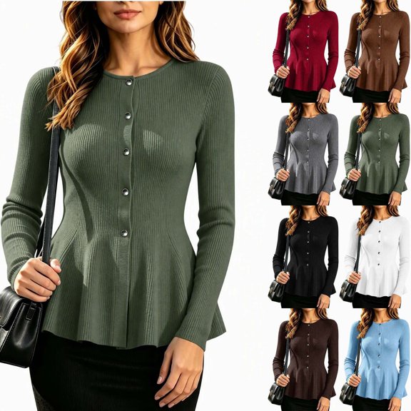 DYTTDG Women's Solid-Color Long-Sleeve Ribbed Cardigan | Crew Neck Button-Front Fitted Peplum Hem Knit Top for Casual & Daily Streetwear