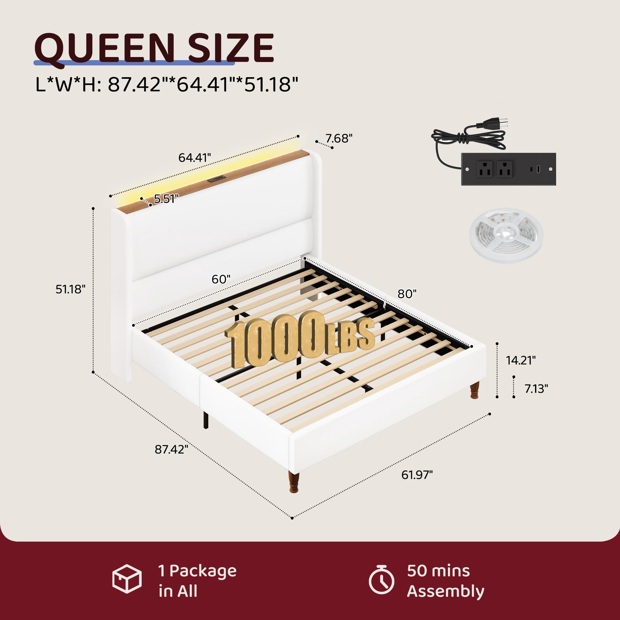 Breltam Upholstered Platform Bed with Wingback Headboard, Queen Size Bed with LED Lights and Charging Station, White