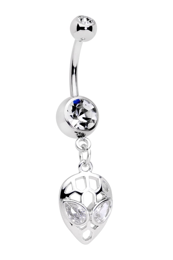 Womens 316L Steel Navel Ring Piercing Clear Accent Outer Space Alien Dangle Belly Button Ring
