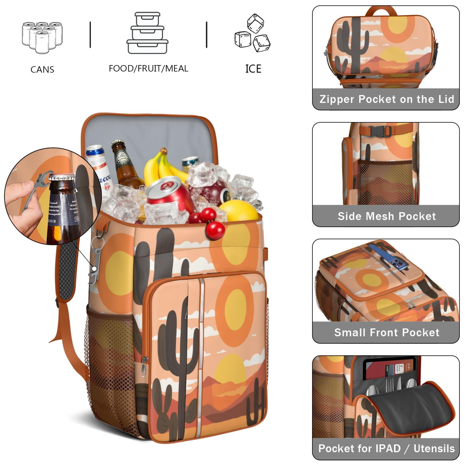 Cactus Desert Cooler Backpack Insulated Waterproof Leak Proof Backpack Cooler Lightweight Lunch Picnic Camping Backpack Cooler for Men Women