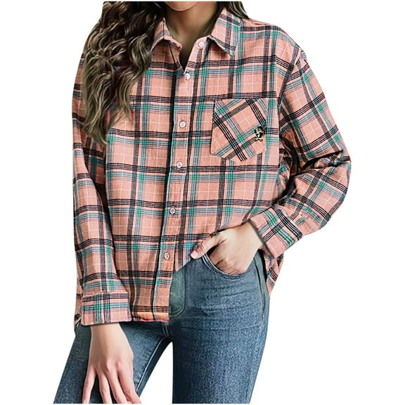 Tqyyweavej Womens Long Sleeve Plaid Shirts Flannel Collared Button Down Shackets Casual Rolled Up Collared Shirt Tops