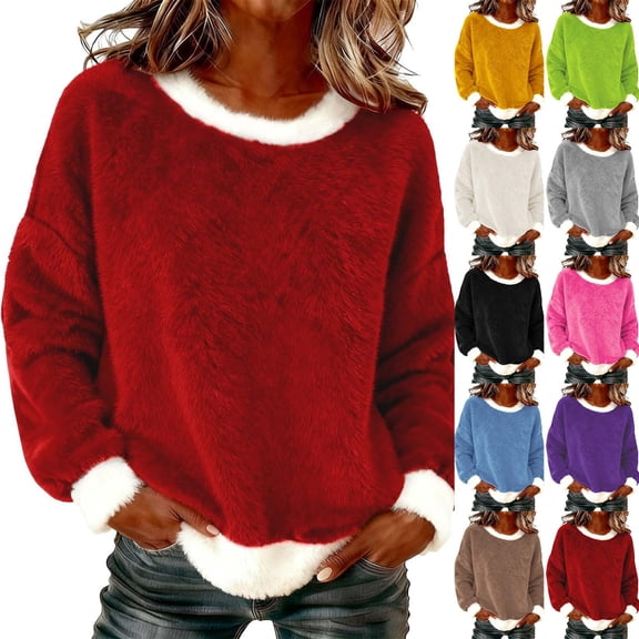 yillto Women Fleece Tops Crewneck Fuzzy Pullover Loose Sweatshirt Winter Warm Fashion Outfits Clothes
