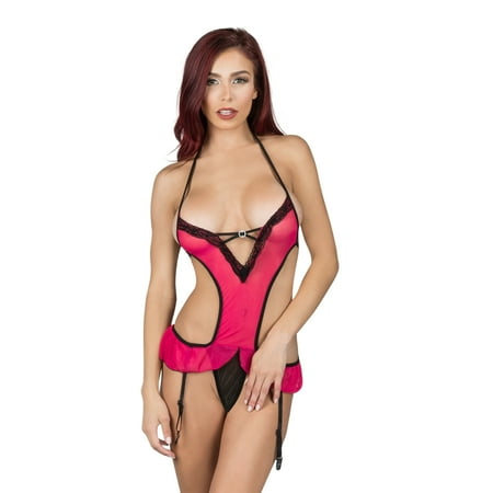 - Women's Adult Lingerie Night Wear Pink Mesh Teddy with Garters