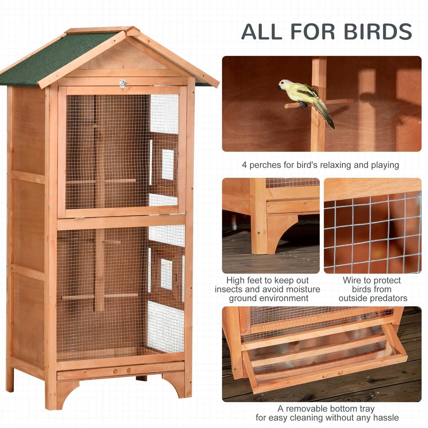Pefilos Outdoor Bird Aviary, 60" Wooden Birdcage with Removable Bottom Tray and 4 Perch, Ideal for Finches, Parakeet, Orange