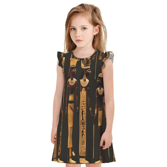 Easygdp Ancient Egyptian Hieroglyph for Girls Pajamas Dress, Princess Nightgown for Girls, Adorable Ruffle Sleeves, No Zippers or Buttons-Medium