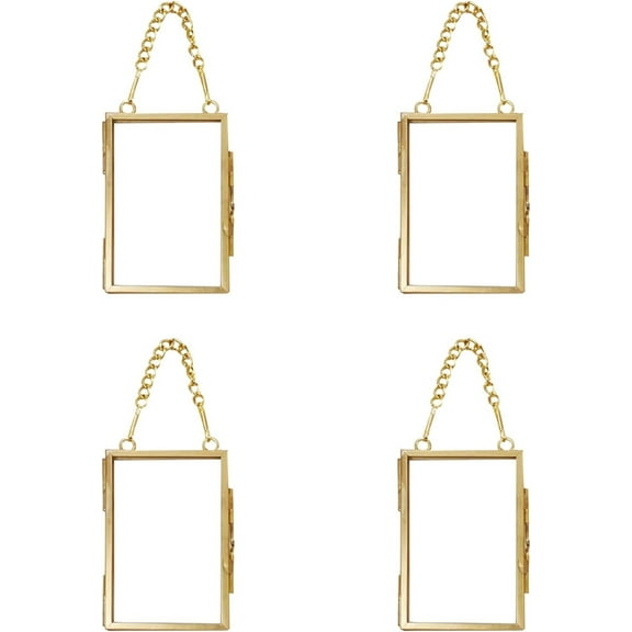 QZS 4Pcs Pressed Flowers Glass Frame,3 Inch Brass Hanging Photo Frame,Golden Hanging Glass Picture Frames with Chain for Wall Decor Plant Specimen Photo Display