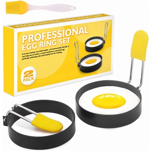 CEYAZYE Egg Rings Non Stick Frying 2 Pieces and Silicone Brush 1pieces - Stainless Steel Poached Egg Moulds with Handle