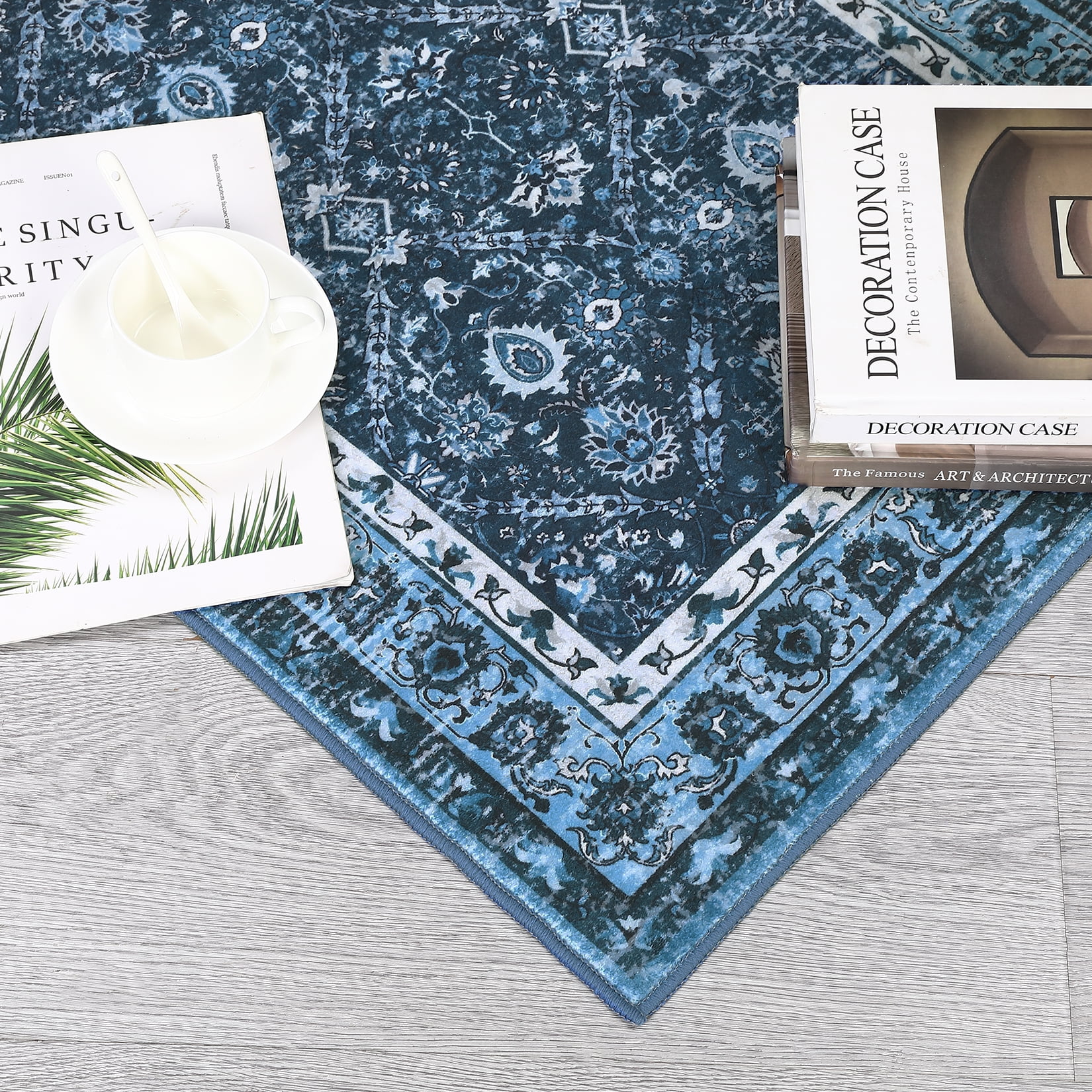 Hasoo Runner Rug 2' x 6' Washable Rugs for Hallway Moroccan Carpet Vintage Rug, Blue