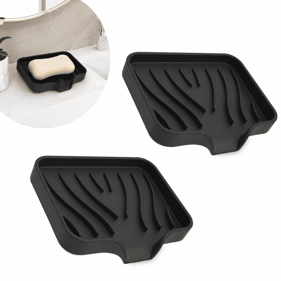 2 Pack Silicone Soap Dish with Drain, Bar Soap Holder for Shower, Bathroom and Kitchen Sink Organizer, Self Draining Waterfall Soap Tray (Black)