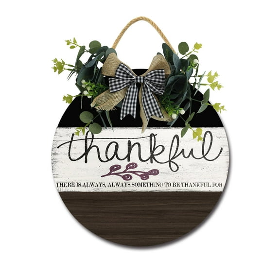 Thankful Sign for Front Door Hanging Seasons Sign Outdoor Rustic Round Wood Wreaths Wall Decor Farmhouse Porch Wreaths Decorations Housewarming Gift