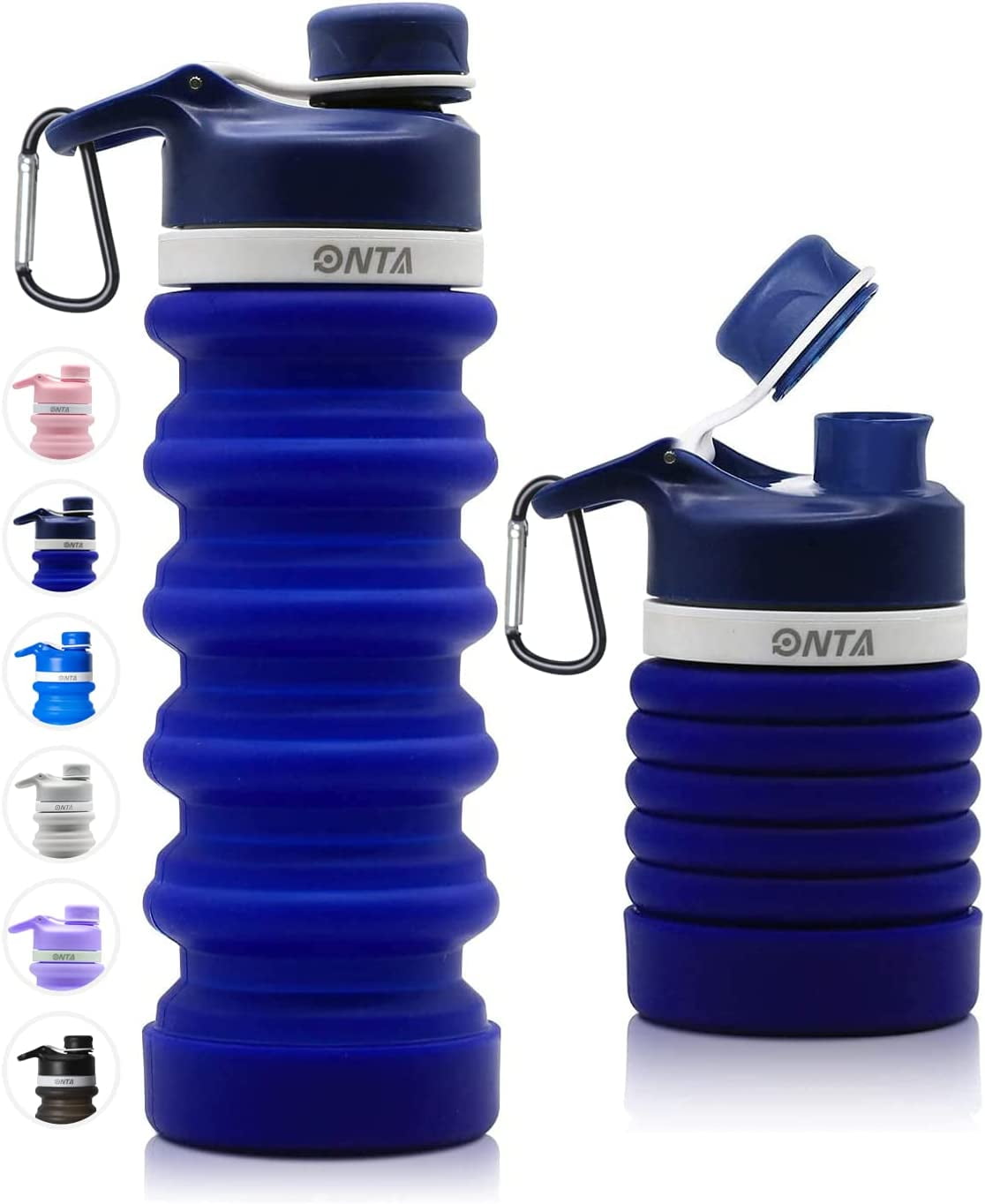 ONTA Collapsible Water Bottle- BPA Free Silicone Foldable Water Bottle for Travel,Silicone Portable Leak-Proof Travel Water Bottle 20oz, dark blue