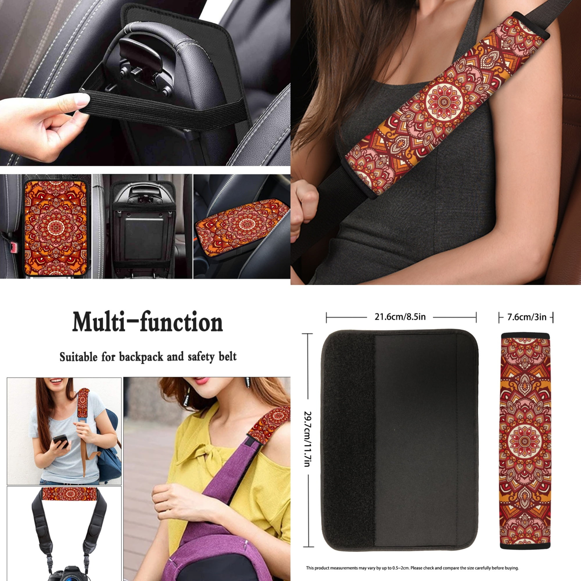 Jeiento Orange Boho Mandala 13 Pack Car Seat Cover Set with Steering Wheel, Seat Belt Strap, Armrest, Coaster, Keychain, Lipstick Holder Universal Auto Interior Sets - Fit SUV, Sedan, Van, Truck