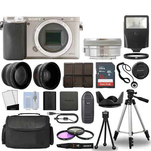 Sony Alpha a6000 Camera Body Silver+ 3 Lens Kit 1650mm OSS+ 32GB + Flash & More