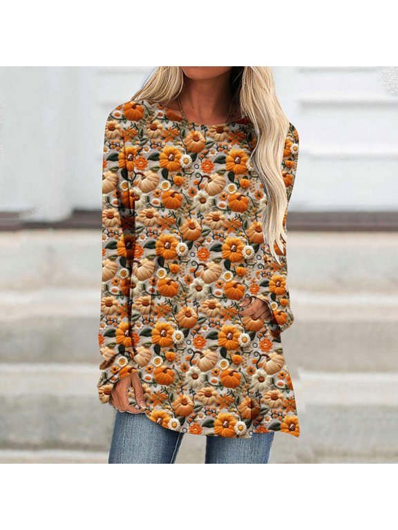 Thanksgiving Pumpkin Shirts Women Tunic Tops Thankful Pumpkin Graphic Long Sleeve Fall T-Shirt Casual Crew Neck Loose Fit Blessed Top,2XL,FY7-Orange