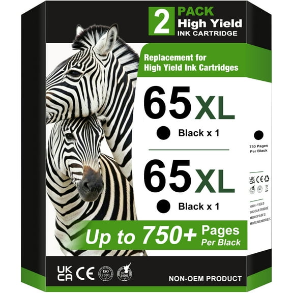 65XL Ink Cartridges Compatible for HP 65 Black Ink Cartridges for HP Ink 65 65XL HP DeskJet 3755 3772 3700 3752 3722 2600 2622 2652 Envy 5055 5000 5070 Printer (2 Black)
