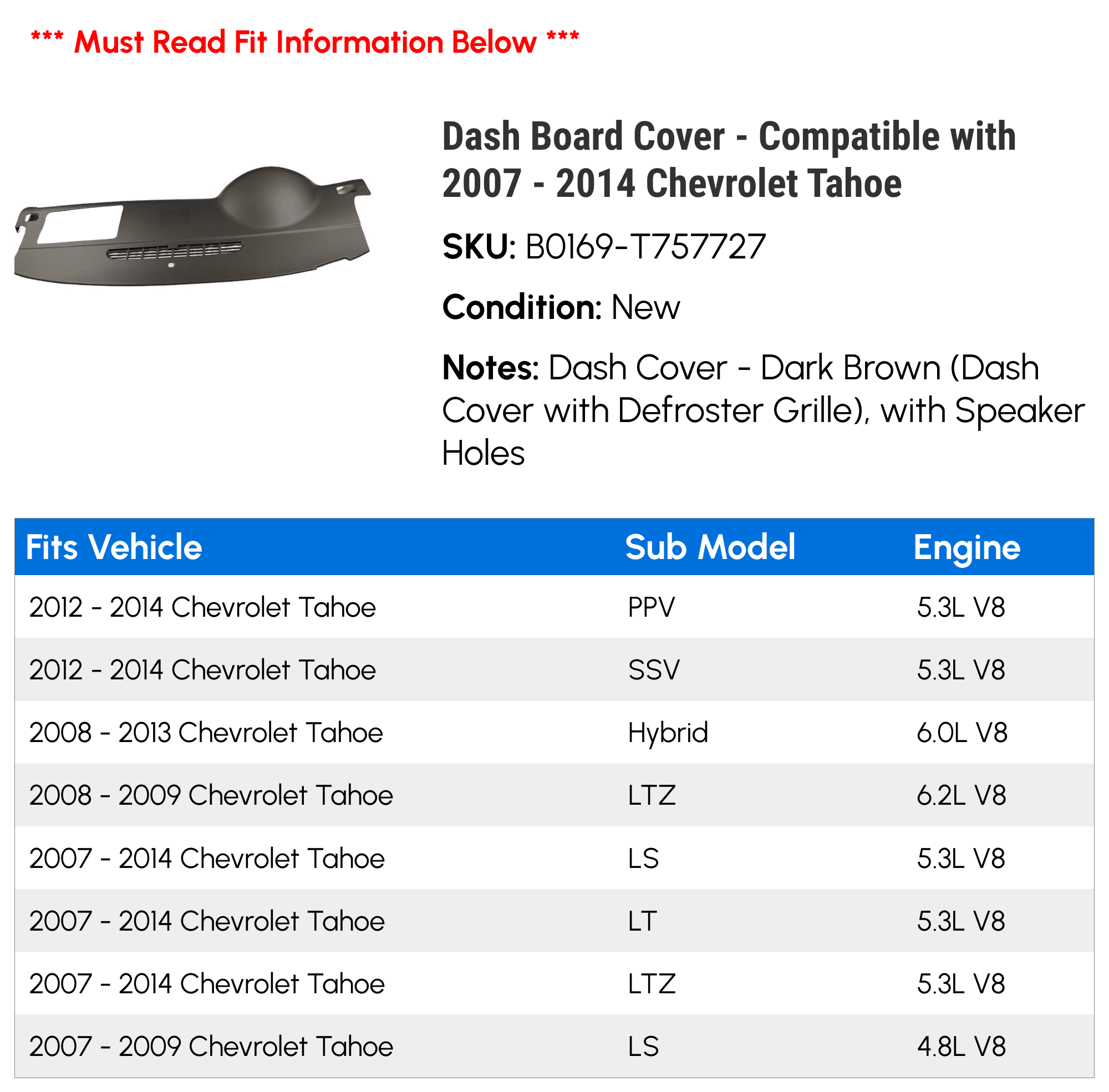 Dash Board Cover - Compatible with 2007 - 2014 Chevy Tahoe 2008 2009 2010 2011 2012 2013
