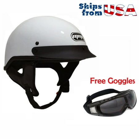 Motorcycle Half Helmet Cruiser DOT Street Legal – White (X-Large) + Free