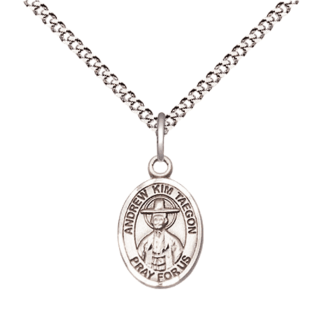 Pewter Saint Andrew Kim Taegon Medal Pendant on 18 Inch Rhodium Plated Lite Curb Brass Chain with Lobster Claw Clasp, Catholic Religious Necklace - Made in USA- Velvet Gift Box