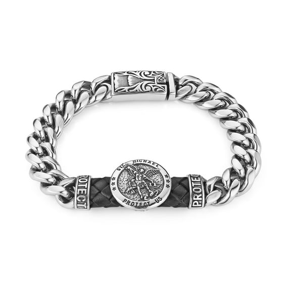 HZMAN 8.5Inch Cuban Chain Bracelet Classic Heavy Stainless Steel Bracelet for Men Biker Saint Michael Archangel Medal Link Bracelet Jewelry Gift