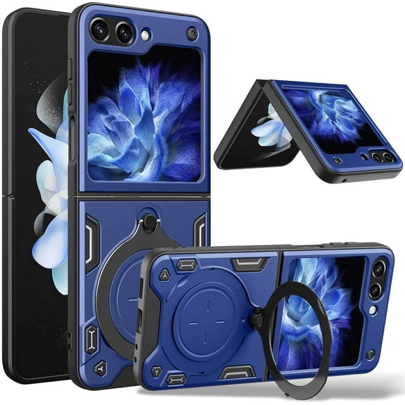 for Galaxy Z Flip 5 Case,Z Flip 5 Case Metal Stand Ring Holder,Flip 5 Case for Women Men,Slim Bumper Full Protection Shockproof Cases Cover for Samsung Flip 5 (Blue)