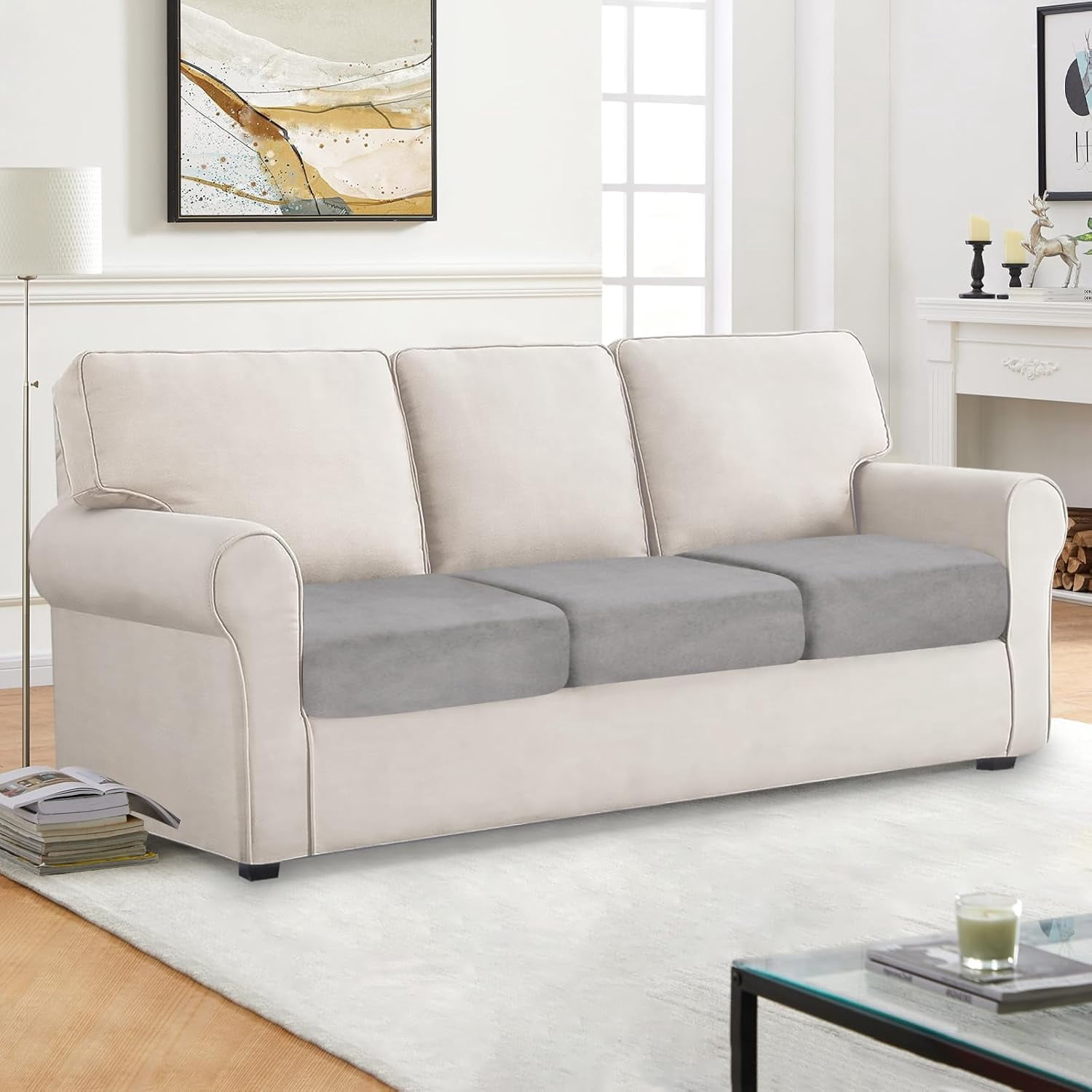 Couch Covers, 3 Pieces Couch Cushion Cover Velvet, Seat Cushion Cover, Stretch Sofa Covers, Separate Sectional Sofa Slipcovers, Furniture Protector(3-Seater or Backrest, Light Grey)