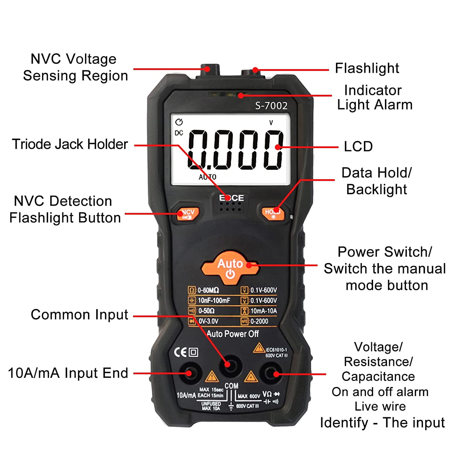 APOLLOLIFT 6000 Counts TRMS Digital Multimeter, Auto-Ranging Ohmmeter Voltage Tester with NCV Function for Measure Voltage Current Resistance Diodes Continuity, Black
