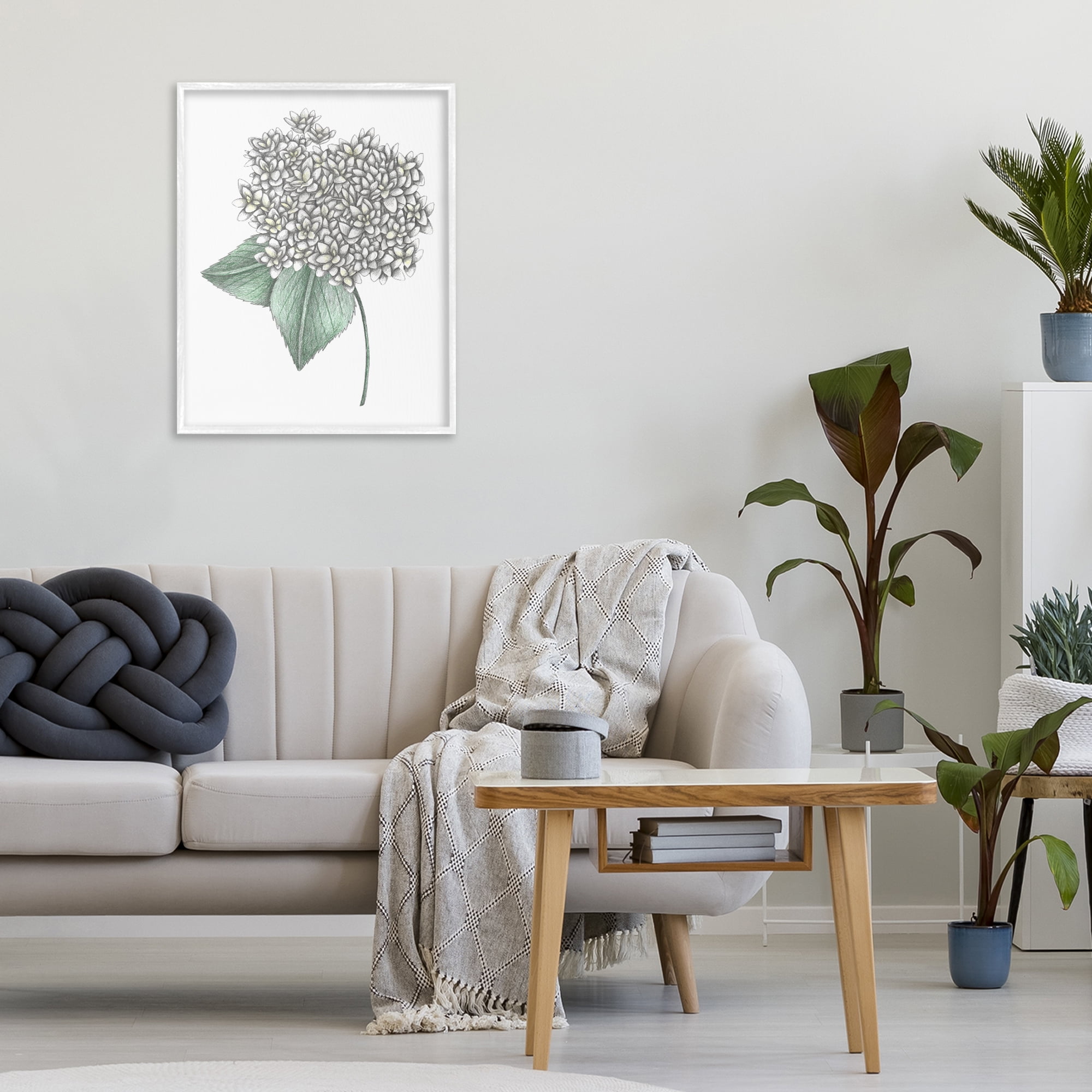 White Hydrangea Sketch Blossom White Framed Giclee Art, design by Cecilia Battaini