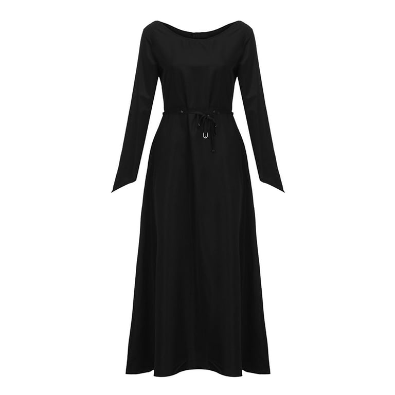 CUZIBR Women Long Sleeve Dress Solid Color Boat Neck Vintage Full Length  Casual Comfortable Tunic Panel Gothic Flowy Swing Fall Maxi Dress,Black,M -  Walmart.com