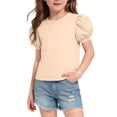thumbnail image 3 of Ugoldhm Girls' Puff Sleeve Crew Neck T-Shirt Solid Color Loose Fit Casual Tee for Ages 5-15, School & Summer Wear, 3 of 6