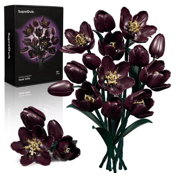 SupreOwls Dark Red Tulip Building Block Flower Set, DIY Artificial Flower Bouquet, Botanical Flowers Plants, Home Decor Gift for Women, Valentine’s Day Mother’s Day Gift