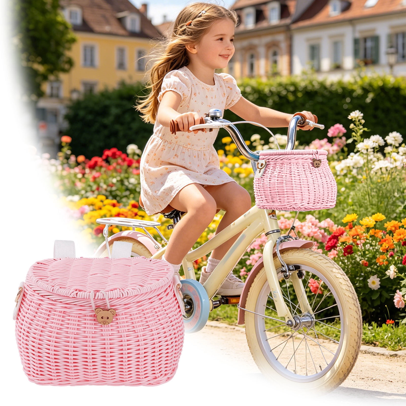 YIGOUMY-19cm PP Woven Bike Basket with Lid, Brown Bear Design Front Basket for Bicycle, Det Storage Basket with Strap for Scooter (Pink)