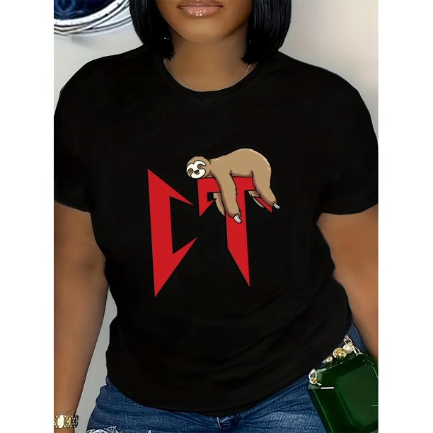 Women's Cute Sloth Print Casual T-Shirt - Soft Polyester, Round Neck, Short Sleeve, Machine Washable Tee For Adult, Men, Women, Teen, Teenager, Adolescent, Youth