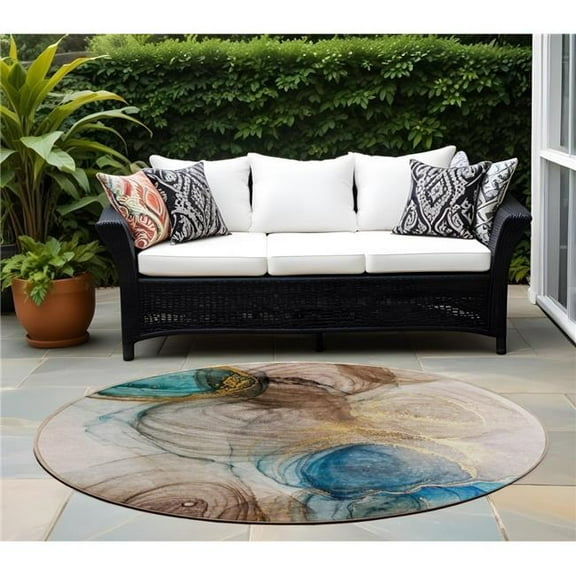 HomeRoots 559979 8 ft. Round Beige Round Abstract Washable Non Skid Indoor Outdoor Machine Woven Area Rug