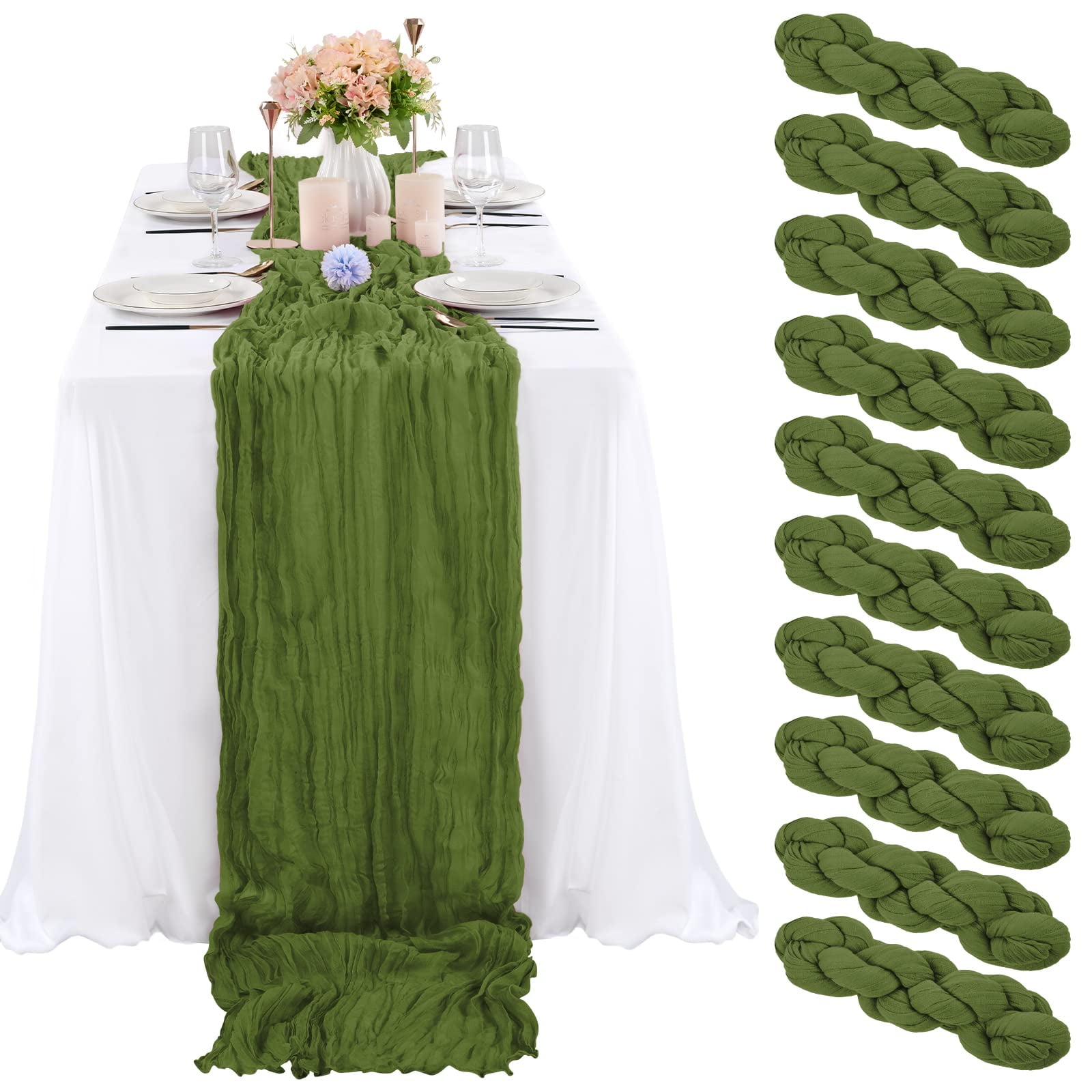 10 Pcs Olive Green Cheesecloth Table Runner 10FT, Gauze Table Runner