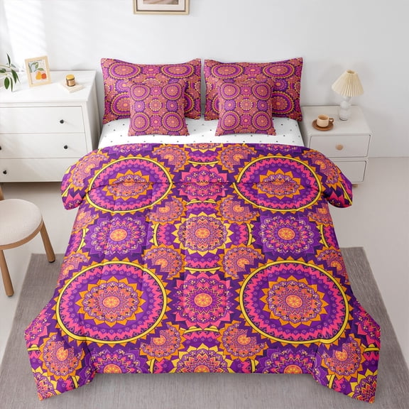 jejeloiu Boho Bohemian Floral Bedding Comforter Set 7-Piece,Aztec Geometric Flower King Bedding Sets,Pink Purple Bed Sheets For Adults,Luxury Bedroom Decor