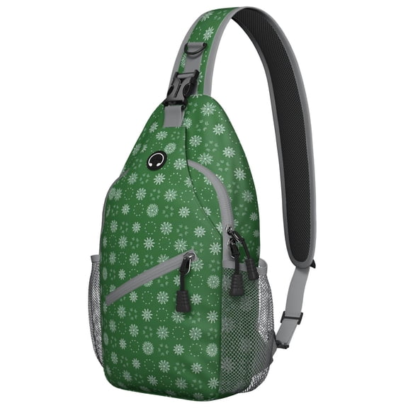 Sling Backpack,Green Christmas Snowflake Pattern Sling Bag with Water Bottle Holder,Waterproof Sling Bag for Men/Women with Headphone Jack for Hiking,Travel