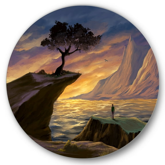 Designart 'Tree On A Sea Cliff At Evening Light' Lake House Circle Metal Wall Art 36x36 - Disc of 36