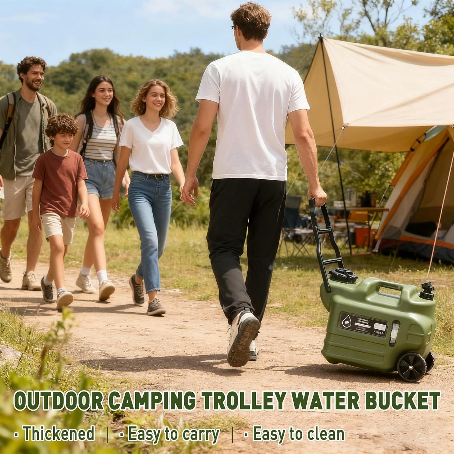 Water Jug, 28L Portable Water Container with Wheel & Pull Handl, BPA-Free Camping Hydration Canteen, Outdoor Tank Storage PE, Green, 7.4 Gallon