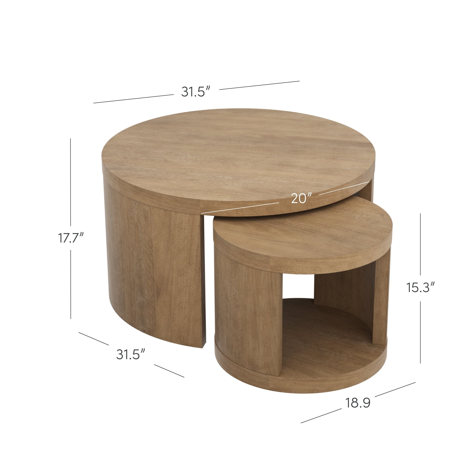 Nathan James Uchu Mid Century Modern 2-Piece Nesting Coffee Table, Round Wood Coffee Table with Storage, Light Brown
