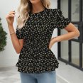 thumbnail image 2 of Camiseta de verano con dobladillo con volantes y mangas cortas con cuello redondo y estampado floral elástico para mujer, 2 of 6